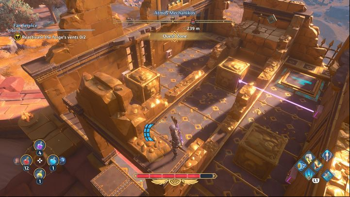 The target in the center is used to change the side from which the laser beam will be activated (left or right) - Immortals Fenyx Rising: Fan Service - walkthrough - The tasks of Hephaestus - Immortals Fenyx Rising Guide