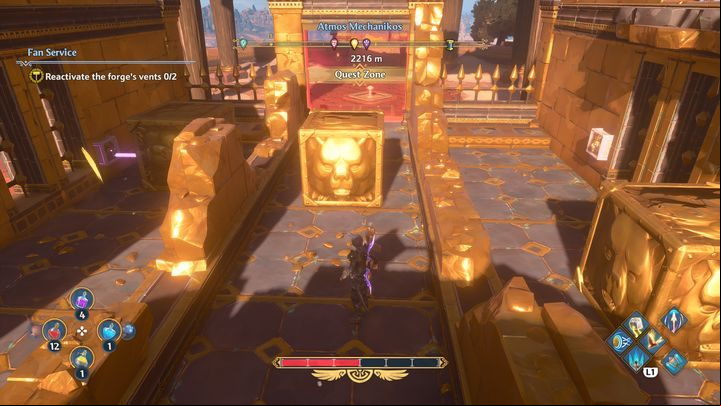 In the end, the middle block must be close to the red barrier - Immortals Fenyx Rising: Fan Service - walkthrough - The tasks of Hephaestus - Immortals Fenyx Rising Guide