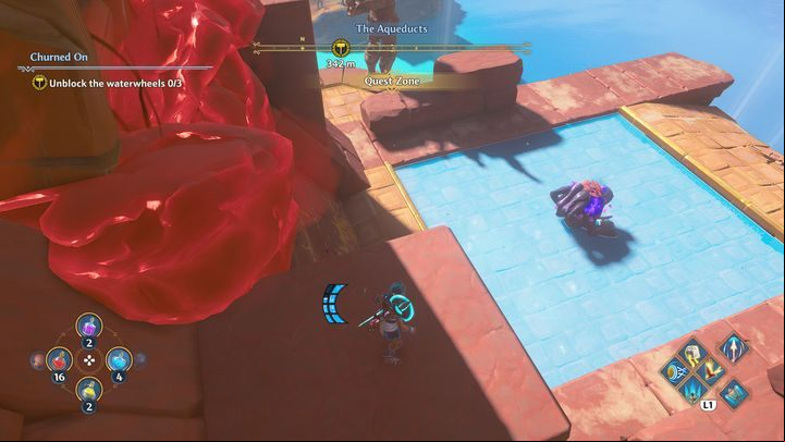While in the air, beware of enemies near the water wheels - Immortals Fenyx Rising: Churned On - walkthrough - The tasks of Hephaestus - Immortals Fenyx Rising Guide