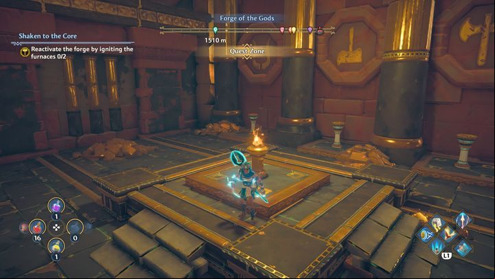Go to the lit torch, and then light the torches marked with symbols that you can see on the wall - Immortals Fenyx Rising: Shaken to the Core - walkthrough - The tasks of Hephaestus - Immortals Fenyx Rising Guide