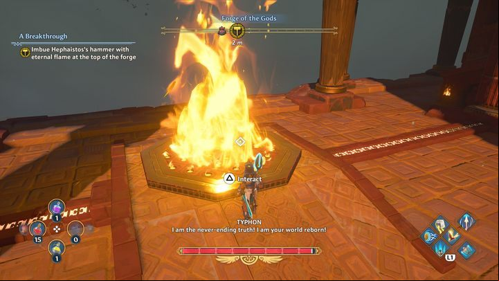 After defeating the opponents, go to the campfire and interact with it, and you will complete the task - Immortals Fenyx Rising: A Breakthrough - walkthrough - Hephaestus quests - Immortals Fenyx Rising Guide