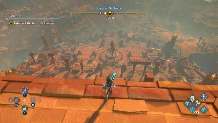 Head towards the statue, which is in the very center of the location - Immortals Fenyx Rising: Dark Arts - walkthrough - Hephaestus quests - Immortals Fenyx Rising Guide