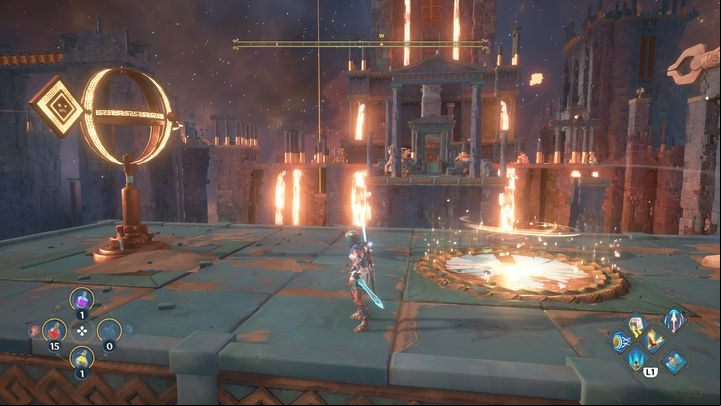 While at the very top of the building, shoot the next signpost and glide to the other end of the forge - Immortals Fenyx Rising: Dark Arts - walkthrough - Hephaestus quests - Immortals Fenyx Rising Guide