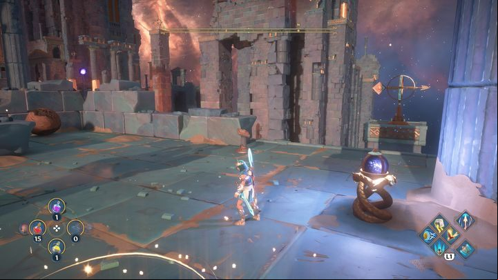 Once you reach the other side, shoot the signpost, because the wind will block you from moving a nearby wooden ball - Immortals Fenyx Rising: Dark Arts - walkthrough - Hephaestus quests - Immortals Fenyx Rising Guide
