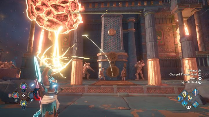 Pick up the newly created coal and throw it towards the first furnace - Immortals Fenyx Rising: Dark Arts - walkthrough - Hephaestus quests - Immortals Fenyx Rising Guide