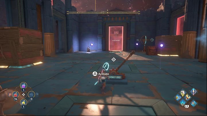 Then place the heavy block next to the first wooden box on the left - Immortals Fenyx Rising: Dark Arts - walkthrough - Hephaestus quests - Immortals Fenyx Rising Guide
