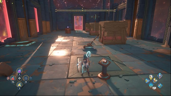 Again you will find a puzzle with boxes, this time there are 3 of them, along with a block that will help you in moving them - Immortals Fenyx Rising: Dark Arts - walkthrough - Hephaestus quests - Immortals Fenyx Rising Guide