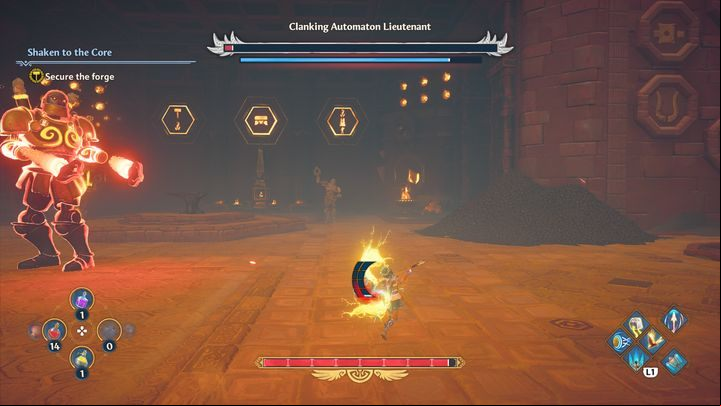 Even though the boss is easily stunned, that you can't keep him permanently knocked out - Immortals Fenyx Rising: Clanking Automaton Lieutenant - how to defeat the boss? - Bosses - Immortals Fenyx Rising Guide