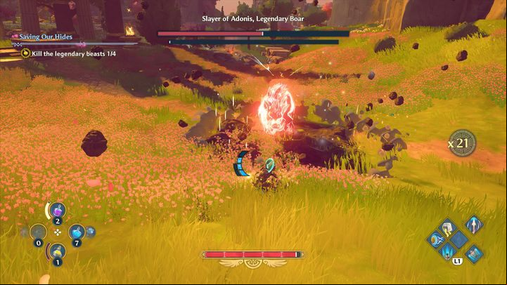 When it comes to the second attack, the boar goes into a frenzy and attacks with its hooves, creating shockwaves - Immortals Fenyx Rising: Saving Our Hides - walkthrough - Main missions - Immortals Fenyx Rising Guide