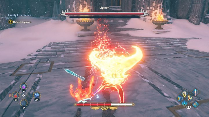 Ligyron repeatedly uses an attack that turns his shield into Typhon's fiery head - Immortals Fenyx Rising: Ligyron - how to defeat the boss? - Bosses - Immortals Fenyx Rising Guide