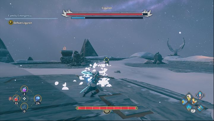 If Ligyron is far enough away from your character, he may take advantage of the situation by performing a ranged attack that forms rings - Immortals Fenyx Rising: Ligyron - how to defeat the boss? - Bosses - Immortals Fenyx Rising Guide