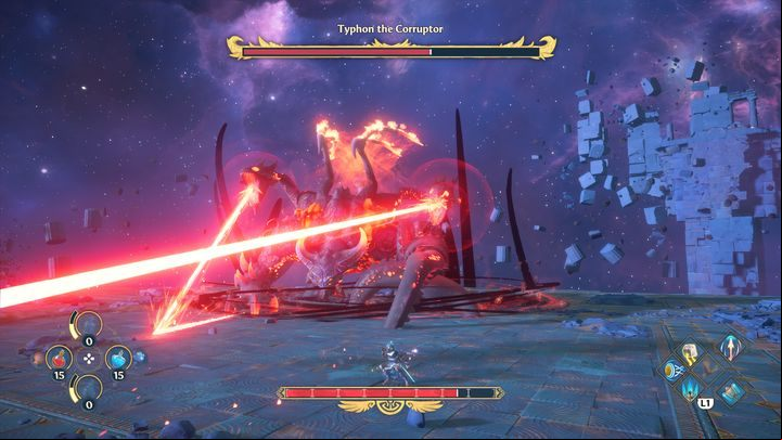 When Typhon buries his hands into the ground, his two heads will fire lasers at you - Immortals Fenyx Rising: Typhon the Corruptor - how to defeat the boss? - Bosses - Immortals Fenyx Rising Guide