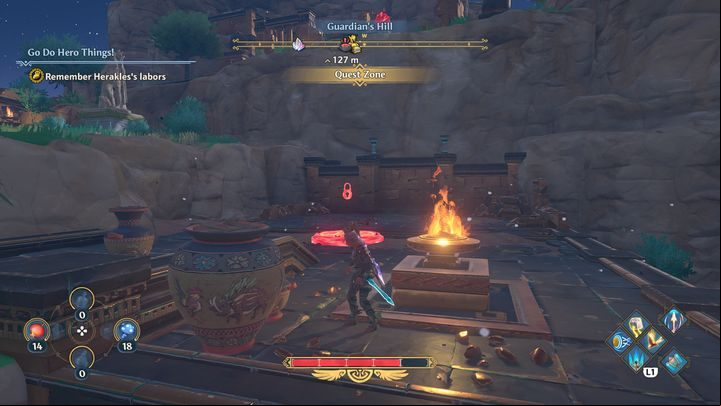 Straight ahead, on the right is a simple puzzle to solve - just light two unlit torches - Immortals Fenyx Rising: Go Do Hero Things! - walkthrough - Athenas quests - Immortals Fenyx Rising Guide