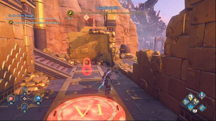While going towards the sculpture of Cerberos, you will come across another puzzle, just shoot down the targets that are in front of you and stand on platform VI - Immortals Fenyx Rising: Go Do Hero Things! - walkthrough - Athenas quests - Immortals Fenyx Rising Guide