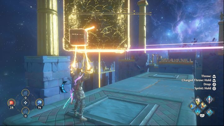When you are close to the laser, make a double jump to avoid destroying the wooden box - Immortals Fenyx Rising: Judgment Day - walkthrough - Athenas quests - Immortals Fenyx Rising Guide