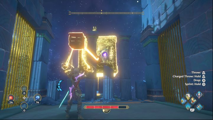 After placing the wooden box on the platform, jump on it and turn left - Immortals Fenyx Rising: Judgment Day - walkthrough - Athenas quests - Immortals Fenyx Rising Guide