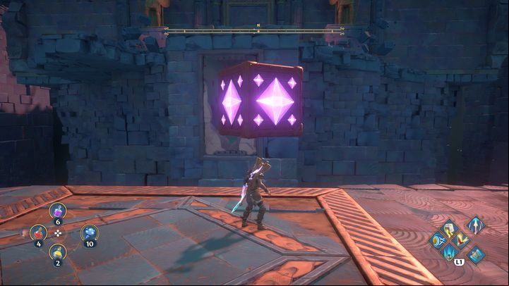Then shoot at the cube, drag it towards yourself and throw it at the wall, so that you can jump on it and continue on - Immortals Fenyx Rising: Jaws Of War - walkthrough - Ares quests - Immortals Fenyx Rising Guide