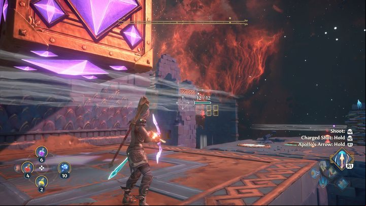 When the cube stops moving mid-air, hit it to make it fall down, then activate it again, so that it continues flying further - Immortals Fenyx Rising: Jaws Of War - walkthrough - Ares quests - Immortals Fenyx Rising Guide