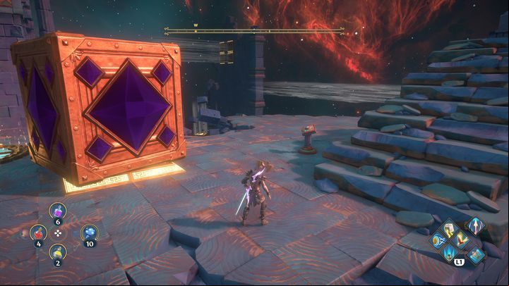 By placing the cube on the platform, you will create a button - Immortals Fenyx Rising: Jaws Of War - walkthrough - Ares quests - Immortals Fenyx Rising Guide
