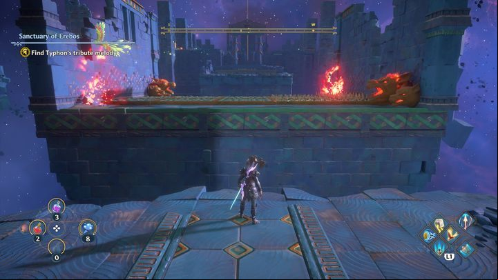 The first obstacle is a platform with spikes, simply jump on it when the spikes disappear, and continue further - Immortals Fenyx Rising: Pecking Orders - walkthrough - The tasks of Ares - Immortals Fenyx Rising Guide