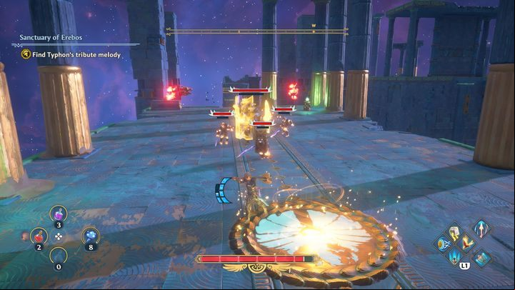 When you reach the checkpoint, a large soldier of Typhon wielding a shield will appear and summon smaller soldiers - Immortals Fenyx Rising: Pecking Orders - walkthrough - The tasks of Ares - Immortals Fenyx Rising Guide