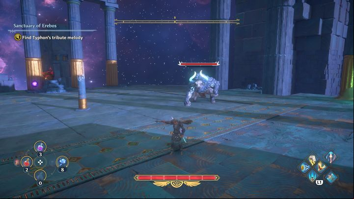 Once you've placed it, you'll be attacked by a Minotaur - Immortals Fenyx Rising: Pecking Orders - walkthrough - The tasks of Ares - Immortals Fenyx Rising Guide