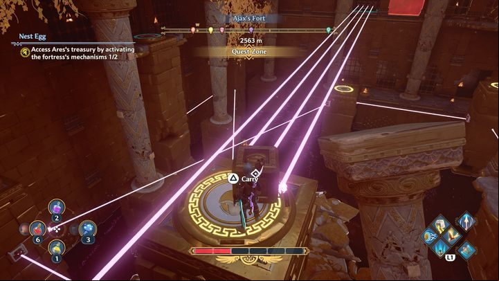 If you have a problem with this, instead of placing two blocks near the lasers, you can use one block to place it exactly where the lasers are - Immortals Fenyx Rising: Nest Egg - walkthrough - The tasks of Ares - Immortals Fenyx Rising Guide