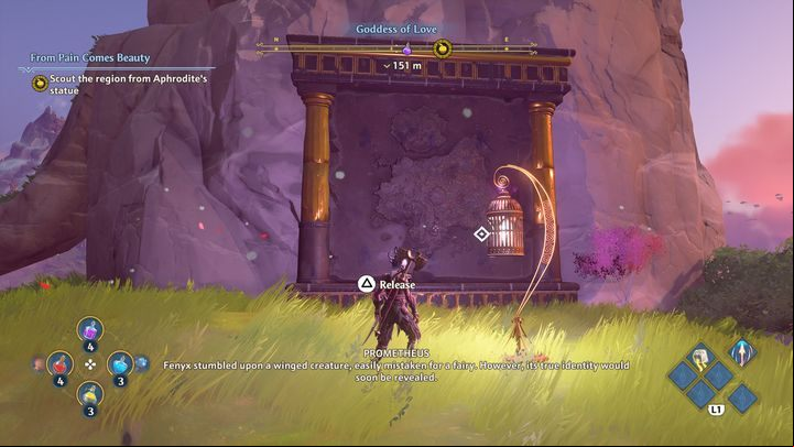 While halfway to the very top of the statue, you will encounter a cage, release the creature trapped within it - Immortals Fenyx Rising: From Pain Comes Beauty - walkthrough - Aphrodites tasks - Immortals Fenyx Rising Guide