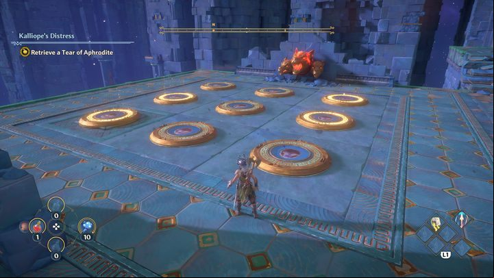 This is how it should look, start from the left side, and avoid stepping onto other switches than those shown on the wall - Immortals Fenyx Rising: A Crying Shame - walkthrough - Aphrodites quests - Immortals Fenyx Rising Guide