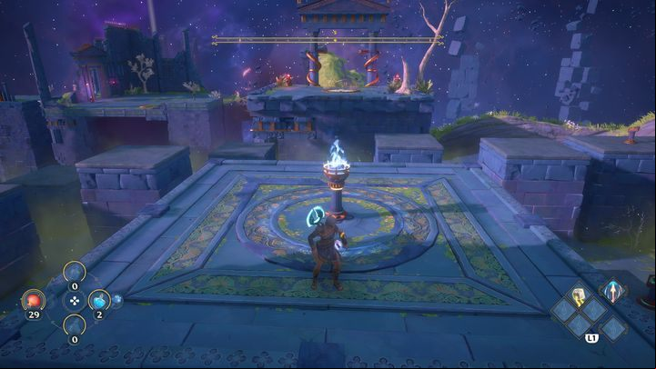 Set up your character as shown in the screenshot, use Apollo's Arrows to guide an arrow through the fire, and then aim at the seed to get rid of the poison - Immortals Fenyx Rising: Mean Goddesses - walkthrough - Aphrodites quests - Immortals Fenyx Rising Guide