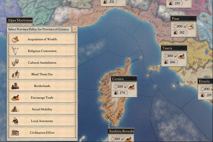 The list of policies for each province is quite long. The map filter which enables you to view the world divided into provinces or governor filter, facilitates viewing and managing policies in your country. - Economy - taxes, buildings and policies in Imperator Rome - Basic tips - Imperator Rome Guide