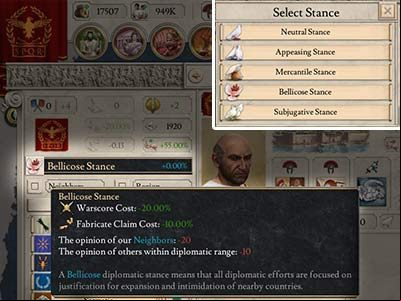 The diplomatic stance icon is displayed in the diplomacy window, right under the nation banner on the left. This is a stance that a nation takes against all governments. - Diplomacy in Imperator Rome - Managing the country - Imperator Rome Guide