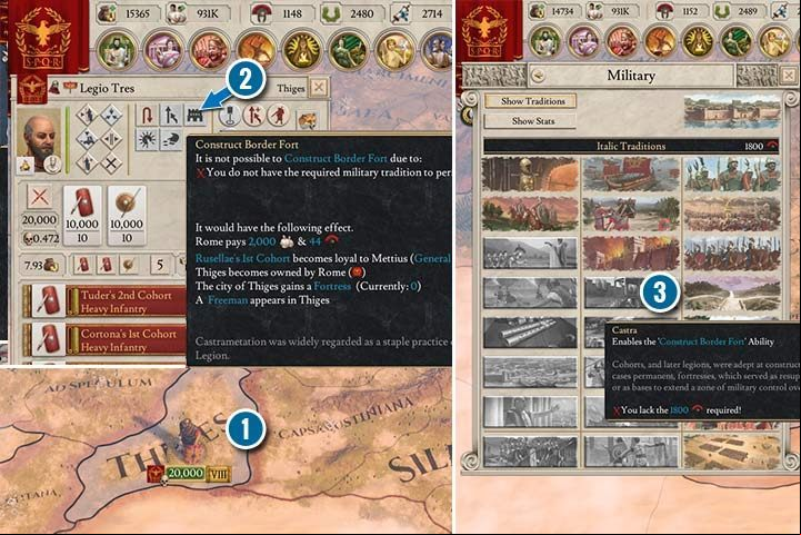 To colonize an independent province (1) by constructing a border fort (2), you need to unlock a special military tradition available only for nations from the Italic group. - Colonization in Imperator Rome - Basic tips - Imperator Rome Guide
