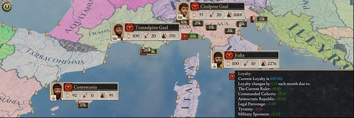 Each region is run by a governor. Change the map view to see all the regions - the game will mark the borders of all the regions. This view also shows your governors along with various stats such as their loyalty, corruption, and population of their region. - Governors in Imperator Rome - Managing the country - Imperator Rome Guide