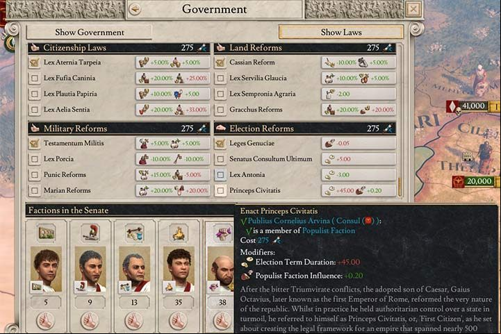 Some laws are necessary for making special decisions. For example, the implementation of Princeps Civitatis requires a dictatorship as a new form of government. - Government and Laws in Imperator Rome - Government - Imperator Rome Guide