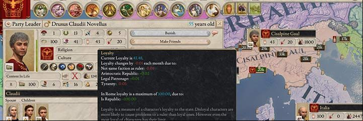 This party leader has a rather low loyalty and still loses confidence in the current Consul of Rome. While there are a few things that contribute to loyalty, another faction in the Senate and a high level of tyranny do not contribute to Drusus loyalty. - Loyalty of the character, the province and the army in Imperator Rome - Government - Imperator Rome Guide