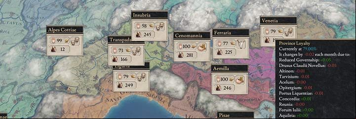 In Northern Italy, the situation is fine, but begins to deteriorate in many provinces. - Loyalty of the character, the province and the army in Imperator Rome - Government - Imperator Rome Guide