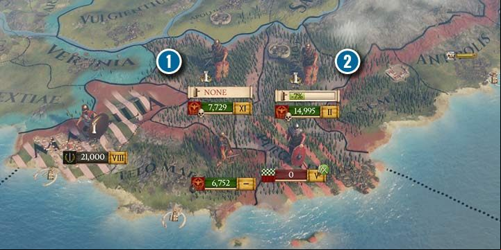 The Romans are besieging two forts: (1) on the left has level two walls, so an army of 7 thousand is to small to lay siege to it. (2) has too many soldiers assigned to the siege of a smaller level 1 fort. - Forts and control zone in Imperator Rome - War - Imperator Rome Guide