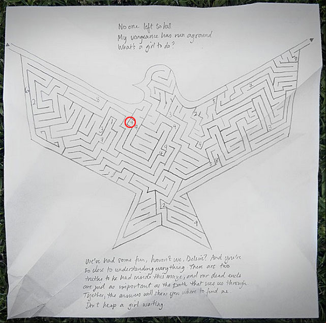 Once again, return to the drawing with the labyrinth connected with the origami dove 16 - Chapter 6, part 1 - things to do outside the game - inFamous Paper Trail - inFamous: Second Son - Game Guide and Walkthrough