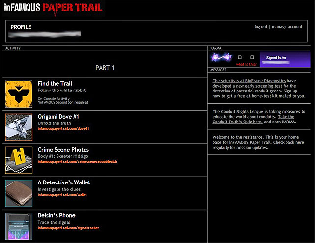 The main page of the profile - Chapter 1, part 1 - things to do outside the game - inFamous Paper Trail - inFamous: Second Son - Game Guide and Walkthrough