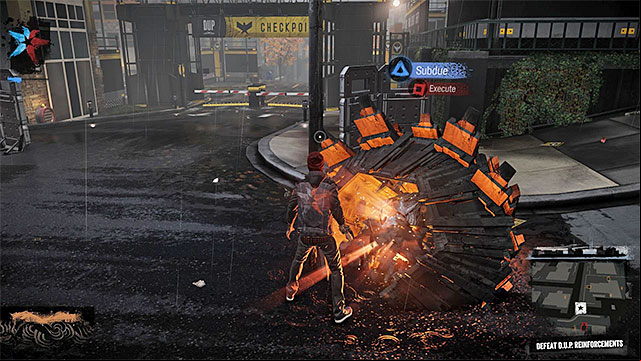After taking some damage the elite soldier will create some king of a shield - 1: Welcome to Seattle - Walkthrough - inFamous: Second Son - Game Guide and Walkthrough