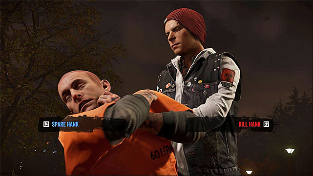 After you approach Hank (it is a good idea to fly there) and land any attack, against him (even the weakest one) you will watch a cutscene, featuring him, and you will have to take another important decision(the above screenshot) - 15: Quid pro Quo - finding Hank - Walkthrough - inFamous: Second Son - Game Guide and Walkthrough