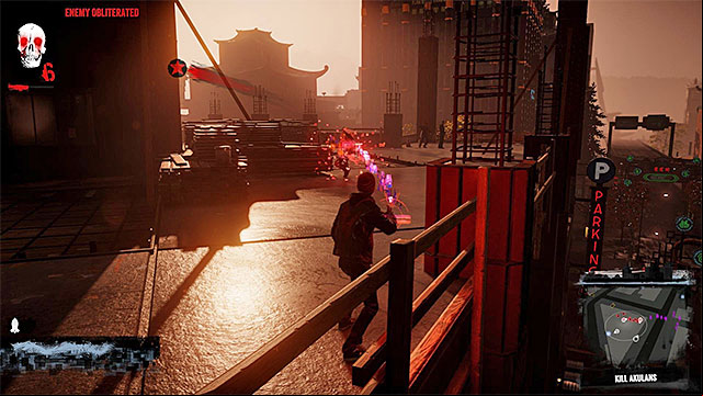 It is best to eliminate the rest of the gangsters at the top level of the parking lot - 13b: Hunting the Hunters - Walkthrough - inFamous: Second Son - Game Guide and Walkthrough