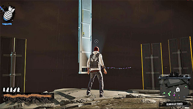 After you have eliminated all the soldiers, and brought all the choppers down, stop in the position shown in the above screenshot - 17a: Expose Augustine - the climb to the top of the tower - Walkthrough - inFamous: Second Son - Game Guide and Walkthrough