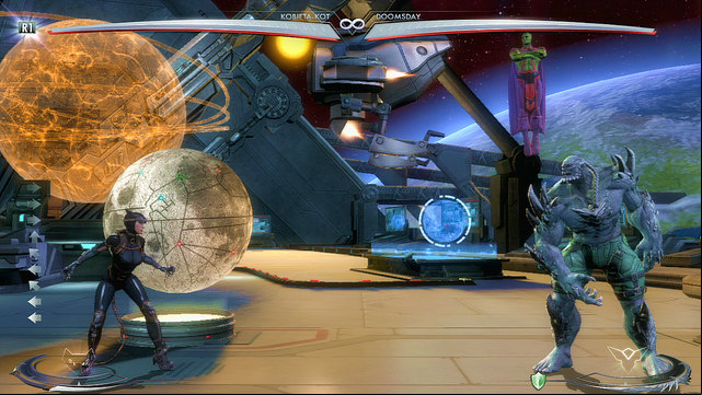 There are drones flying above the arena, you can jump up and toss them at the enemy - Injustice Gods Among Us: Watchtower, arena guide - Arenas - Injustice: Gods Among Us Game Guide