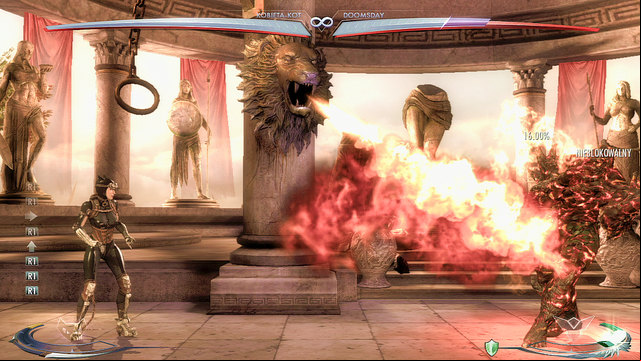On the left and right side of the central part of the arena there are lion heads on pillars and handles on chains - Injustice Gods Among Us: Themyscira, arena guide - Arenas - Injustice: Gods Among Us Game Guide