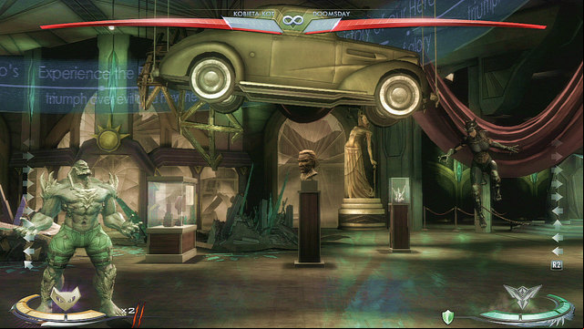 On the right side of the arena theres car hanging from the ceiling, you can jump up to interact with it - Injustice Gods Among Us: Metropolis, arena guide - Arenas - Injustice: Gods Among Us Game Guide