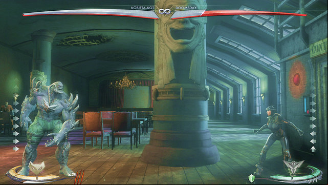 On the right side of the arena there are stone heads on pillars - Injustice Gods Among Us: Arkham Asylum - Jokers Asylum, arena guide - Arenas - Injustice: Gods Among Us Game Guide