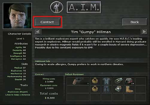 LMB on the mercenary, to see his exact statistics and equipment - Command Center - Campaign - introduction & Command Center - Jagged Alliance: Crossfire - Game Guide and Walkthrough
