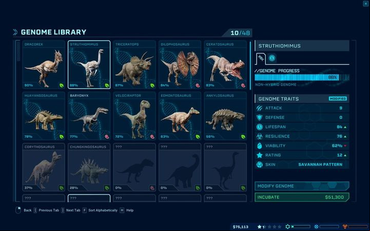 When you enter the Hammond Lab (the place where you create dinosaurs), you will see a list of dinosaurs to create - Genome modifications in Jurassic World Evolution - Park management - Jurassic World Evolution Game Guide